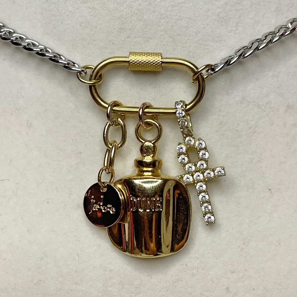 Upcycled Gold Carabiner Charms Mixed Metal Cuban Link Necklace - Picture 3 of 4